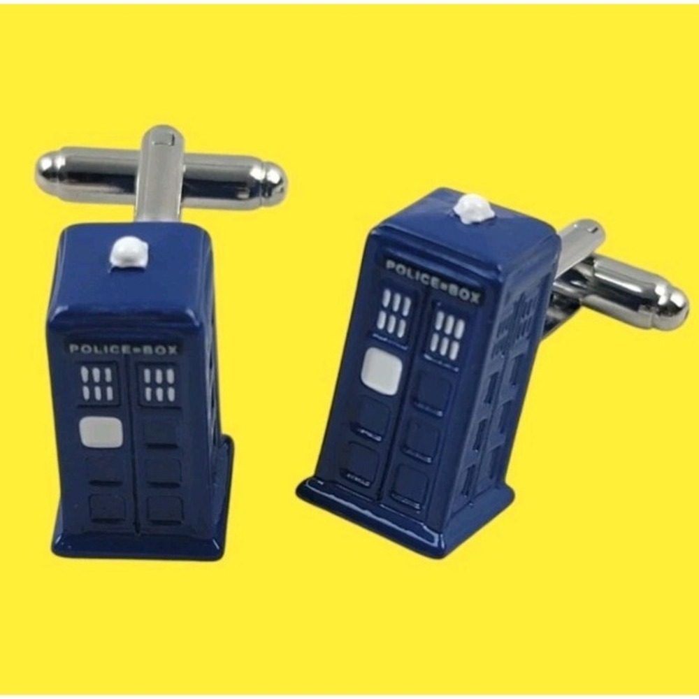 TARDIS CUFFLINKS Dr Who Police Phone Box 3D Blue Enamel Sci-Fi Fan